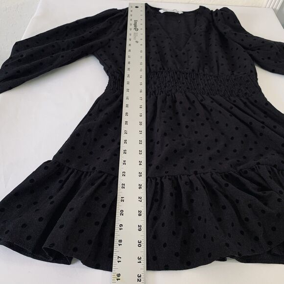 Zara Dress M Black Mini Velvet Polka Dot Long Sleeve Feminine Whimsygoth Peasant - Picture 6 of 8